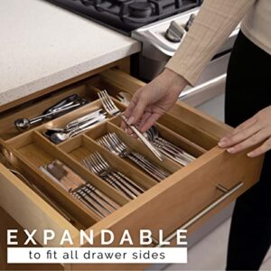 Bamboo Kitchen Drawer Organizer - Easily Adjust The Wooden Tray Width to Drawer Size, Deep Enough to Fit Entire Drawer and Accommodates Different Kitchen Utensil and Cutlery Sizes.