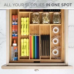 Bamboo Kitchen Drawer Organizer - Easily Adjust The Wooden Tray Width to Drawer Size, Deep Enough to Fit Entire Drawer and Accommodates Different Kitchen Utensil and Cutlery Sizes.