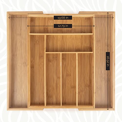 Bamboo Kitchen Drawer Organizer - Easily Adjust The Wooden Tray Width to Drawer Size, Deep Enough to Fit Entire Drawer and Accommodates Different Kitchen Utensil and Cutlery Sizes.