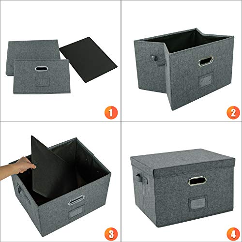 JSungo File Box with 5 Hanging Filing Folders, Document Organizer Storage for Office, Collapsible Linen Storage Box with Lids, Home Portable Storage with Handle, Letter Size Legal Folder, Dark Gray