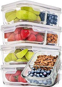 prep naturals glass meal prep containers 2 compartment 5 pack – food storage containers – glass storage containers with lids – divided glass cupcake carriers 29 ounce
