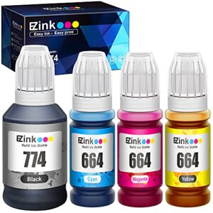 e-z ink (tm) compatible ink bottle replacement for epson 774 664 t774 t664 high yield to use with et-2650, et-16500, et-4500, et-2550, et-3600, et-2600, et-4550 (black, cyan, magenta, yellow, 4 pack