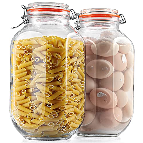 1 Gallon Square Glass Storage Jars with Airtight Lids, 2 Pack Large Glass Pickle Jars for Fermenting, Clear Glass Canister for Flour, Cookie, Candy, Kombucha, Sun tea(Extra Label, Pen and Gasket)