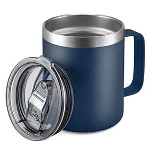 aloufea 12oz stainless steel insulated coffee mug with handle, double wall vacuum travel mug, tumbler cup with sliding lid, navy