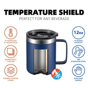 ALOUFEA 12oz Stainless Steel Insulated Coffee Mug with Handle, Double Wall Vacuum Travel Mug, Tumbler Cup with Sliding Lid, Navy