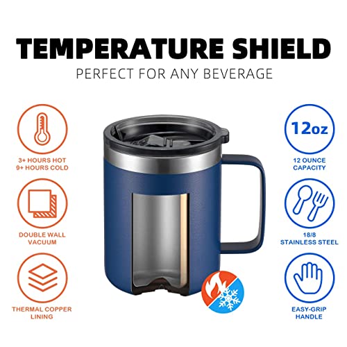 ALOUFEA 12oz Stainless Steel Insulated Coffee Mug with Handle, Double Wall Vacuum Travel Mug, Tumbler Cup with Sliding Lid, Navy