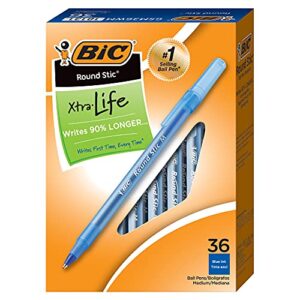 bic round stic xtra life blue ballpoint pens, medium point (1.0mm), 36-count pack of bulk pens, flexible round barrel for writing comfort, no. 1 selling ballpoint pens