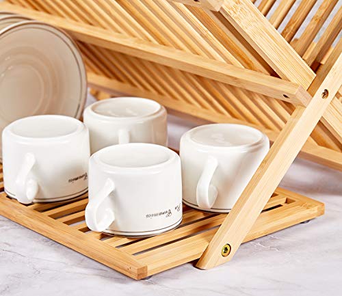 NOVAYEAH Bamboo Dish Drying Rack with Utensil Holder, Collapsible Wooden Dish Drainer Rack, 3-Tier Large Folding Drying Holder for Kitchen Counter