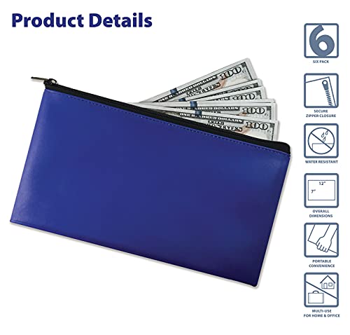 6 Pack, Zippered Security Bank Deposit Bag, by Better Office Products, Leatherette, Cash Bag, Coin Bag, Utility Pouch, Blue, 6 Bags