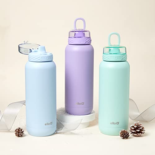 Ello Cooper Vacuum Insulated Stainless Steel Water Bottle with Soft Straw and Carry Loop, Double Walled, Leak Proof, Halogen Blue, 32oz