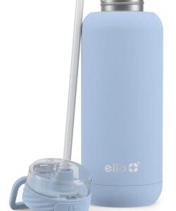 Ello Cooper Vacuum Insulated Stainless Steel Water Bottle with Soft Straw and Carry Loop, Double Walled, Leak Proof, Halogen Blue, 32oz