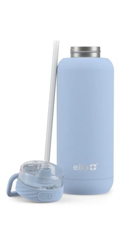 Ello Cooper Vacuum Insulated Stainless Steel Water Bottle with Soft Straw and Carry Loop, Double Walled, Leak Proof, Halogen Blue, 32oz