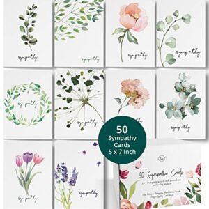 Dessie 50 Different Sympathy Cards with Greetings Inside. 5x7 Inch 50 Condolence Cards with Crisp Designs, Envelopes and Matching Floral Sealing Stickers. Multi