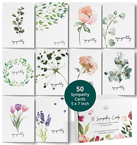 Dessie 50 Different Sympathy Cards with Greetings Inside. 5x7 Inch 50 Condolence Cards with Crisp Designs, Envelopes and Matching Floral Sealing Stickers. Multi