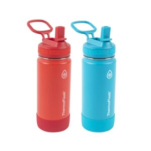 thermoflask double wall vacuum insulated stainless steel kids water bottle with straw lid, 16 ounce, 2-pack, red / blue