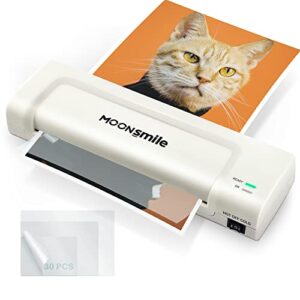 laminator machine with 30 laminating sheets, moonsmile 9 inch thermal laminating machine for home office school, hot & cold, light weight, portable, never jam, quick warm up, white