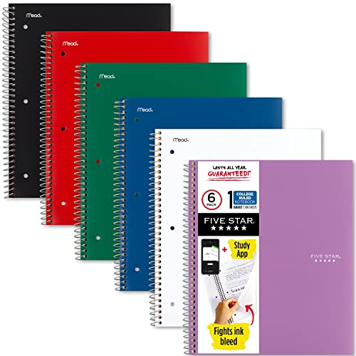 Five Star Spiral Notebooks with Pockets Plus Study App, 6 Pack, 1-Subject, College Ruled Paper, 11” x 8-1/2", 100 Sheets, Assorted Colors (38052)