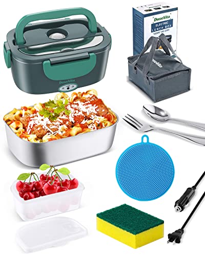 Electric Lunch Box Food Heater 80W Upgraded Leak-proof Heated Lunch Box 12V 24V 110V-230V 3 in 1 Portable Food Warmer for Car/Truck/Office with 304 Stainless Steel Container Spoon & Fork and Carry Bag