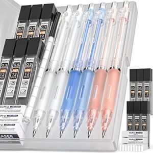 nicpro 6 pcs pastel mechanical pencil 0.5 & 0.7 mm with case for school, with 12 tubes hb lead refills, 3 erasers, 9 eraser refills for student writing, drawing, sketching, blue & pink & white colors