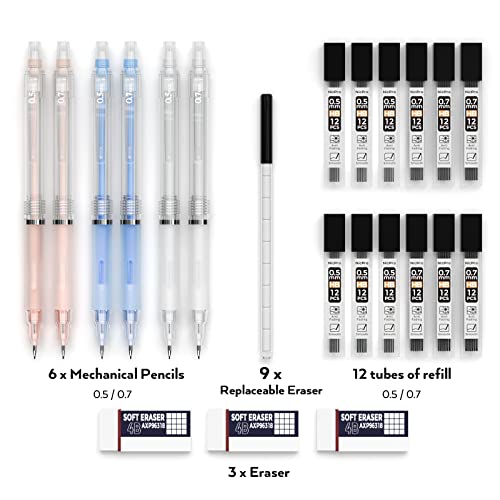 Nicpro 6 PCS Pastel Mechanical Pencil 0.5 & 0.7 mm with Case for School, with 12 tubes HB Lead Refills, 3 Erasers, 9 Eraser Refills For Student Writing, Drawing, Sketching, Blue & Pink & White Colors