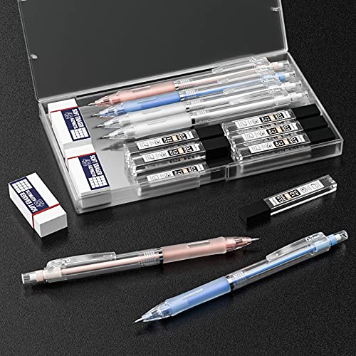 Nicpro 6 PCS Pastel Mechanical Pencil 0.5 & 0.7 mm with Case for School, with 12 tubes HB Lead Refills, 3 Erasers, 9 Eraser Refills For Student Writing, Drawing, Sketching, Blue & Pink & White Colors