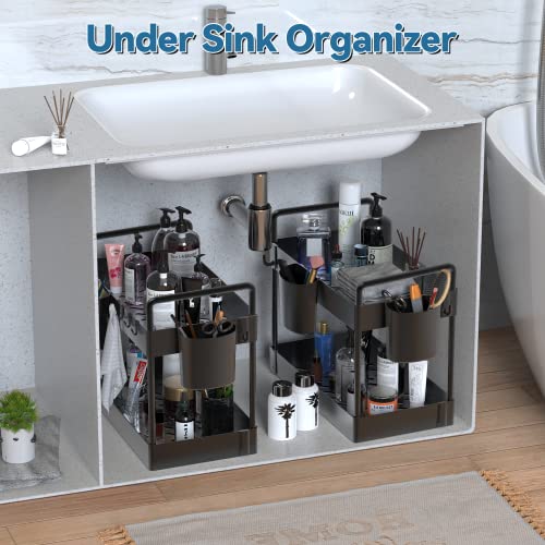 2 Pack Under Sink Organizer, Warmodern 2 Tier Bathroom Organizer Under Sink, Kitchen Cabinet Organizers and Storage Baskets with 16Hooks and 4 Hanging Cups, Multifunction Bathroom Under Sink Organizer