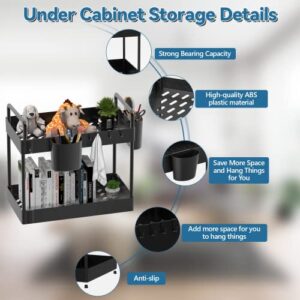 2 Pack Under Sink Organizer, Warmodern 2 Tier Bathroom Organizer Under Sink, Kitchen Cabinet Organizers and Storage Baskets with 16Hooks and 4 Hanging Cups, Multifunction Bathroom Under Sink Organizer