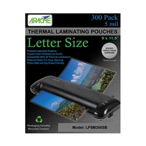 apache laminating pouches 5 mil, for 8.5 x 11 inch letter size paper 9 x 11.5 inch sheets, 300 pack