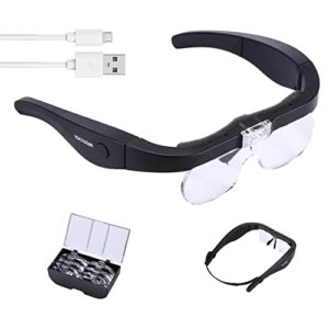 yoctosun rechargeable magnifying glasses, head magnifier glasses with 2 led lights and detachable lenses 1.5x, 2.5x, 3.5x,5x, best eyeglasses magnifier for reading and hobby