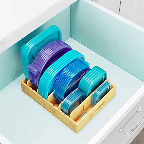 SpaceAid Bamboo Lid Organizer, Kitchen Pantry Lid Holder with 5 Adjustable Dividers for Cabinets, Food Storage Container Organizer for Plastic Lids, Includes Blank Writable Labels