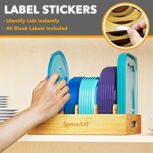 SpaceAid Bamboo Lid Organizer, Kitchen Pantry Lid Holder with 5 Adjustable Dividers for Cabinets, Food Storage Container Organizer for Plastic Lids, Includes Blank Writable Labels