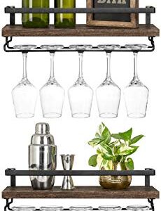 Mkono Wall Mounted Wine Rack Set of 2 Wood Rustic Wine Bottle Glass Floating Shelves with Stemware Hanger Modern Plants Photos Wine Display Storage Holder for Kitchen Dining Room Bar, 17 Inch