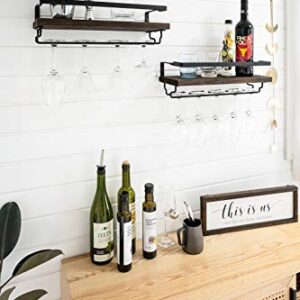 Mkono Wall Mounted Wine Rack Set of 2 Wood Rustic Wine Bottle Glass Floating Shelves with Stemware Hanger Modern Plants Photos Wine Display Storage Holder for Kitchen Dining Room Bar, 17 Inch