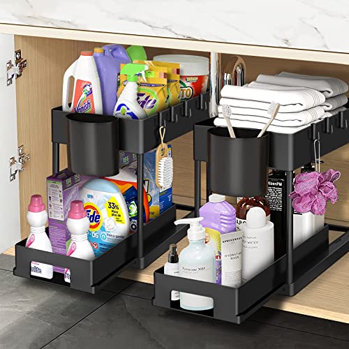 2 Pack Under Sink Organizers and Storage With Sliding Storage Drawers Basket,2 Tier Bathroom Organizer Under Sink,Kitchen Cabinet Organizers And Storage Rack With Hooks,The Bottom Can Be Pull Out