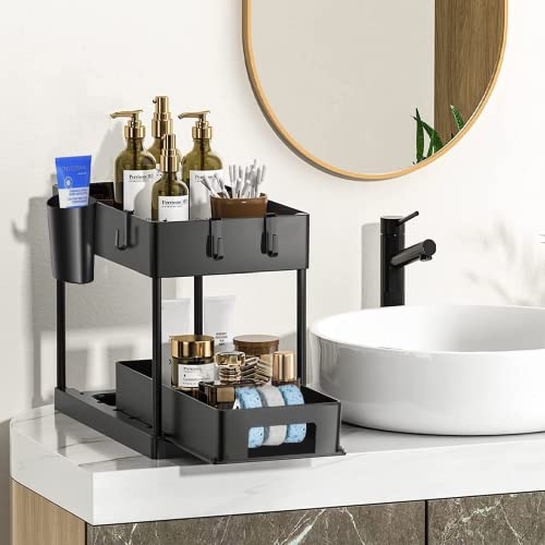 2 Pack Under Sink Organizers and Storage With Sliding Storage Drawers Basket,2 Tier Bathroom Organizer Under Sink,Kitchen Cabinet Organizers And Storage Rack With Hooks,The Bottom Can Be Pull Out