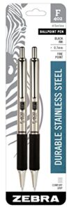 zebra pen f-402 retractable ballpoint pen, stainless steel barrel, fine point, 0.7mm, black ink, 2-pack