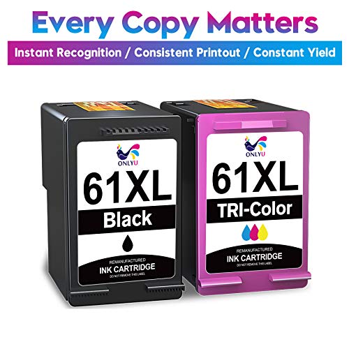ONLYU Remanufactured 61 Ink Cartridges for HP Printers for HP 61XL 61 XL Envy 4500 5530 Ink Cartridges OfficeJet 4630 2620 DeskJet 1000 1010 1510 1056 1512 2540 Printer (1 Black,1 Tri-Color)