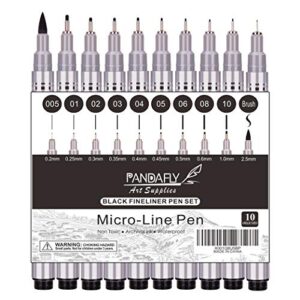 pandafly precision micro-line pens, 10 size black micro-pen fineliner ink pens, waterproof archival ink multiliner pens for artist illustration, calligraphy, sketching, technical drawing