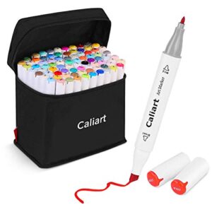 caliart 81 colors alcohol based markers, dual tip permanent artist art markers sketch markers for adult kid coloring book, illustration painting card making, bonus 1 colorless alcohol marker blender