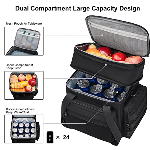 Gafetrey Tactical Lunch Box for Men, Insulated Lunch Bag Adult, Thermal Lunchbox Leakproof Waterproof Cooler Bag, Dual Compartment Lunch tote, Large Lunch Pail for Work Office Camping Travel(Black)