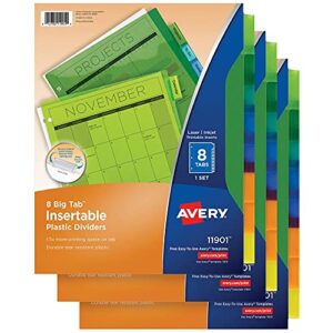 avery dividers for 3 ring binders, 8-tab binder dividers, plastic binder dividers, insertable big tabs, multicolor, 3 sets (71901)