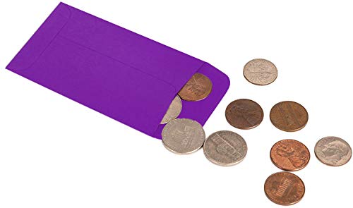 Coin and Small Parts Envelopes 2.25"x 3.5" with Gummed Flap 10 assorted colors Pack of 100 Envelopes for Home and Office Use