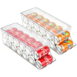 puricon 2 pack soda can organizer dispenser for refrigerator, clear plastic canned food pop beverage container holder storage bin with lid for freezer rack pantry cabinet cupboard kitchen-standard