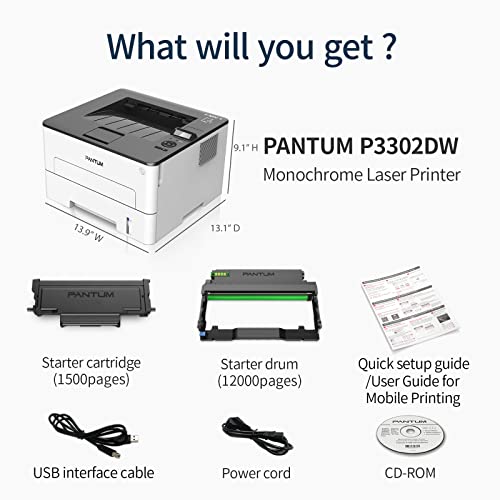 Monochrome Laser Printer Black and White Printer Wireless Small Computer Printer with Auto Duplex 2-Sided Printer Home Use with Mobile Printing and School Student, 30ppm Pantum P3012DW with TL-410