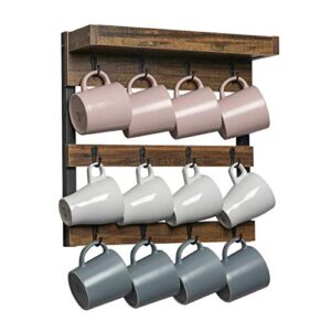 OROPY Coffee Mug Rack Wall Mounted, Rustic Wood Cups Rack with 12 Hooks and Storage Shelf, for Home Kitchen Display and Collection (Rustic Brown)