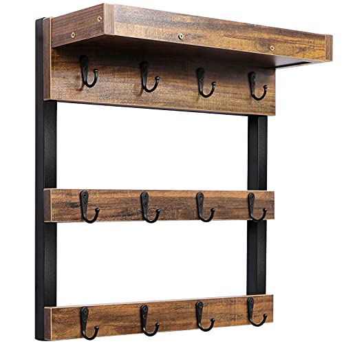 OROPY Coffee Mug Rack Wall Mounted, Rustic Wood Cups Rack with 12 Hooks and Storage Shelf, for Home Kitchen Display and Collection (Rustic Brown)