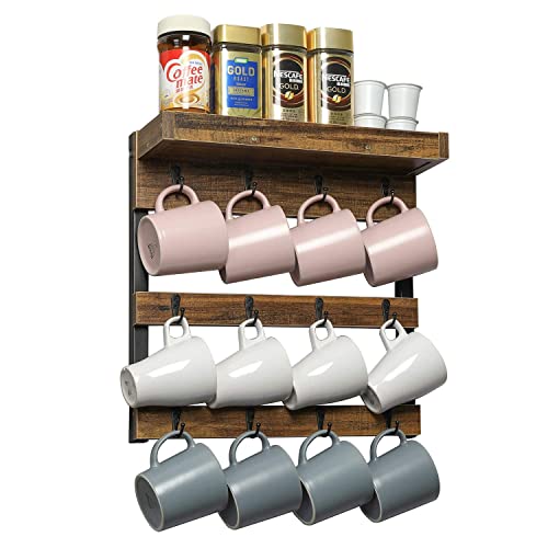 OROPY Coffee Mug Rack Wall Mounted, Rustic Wood Cups Rack with 12 Hooks and Storage Shelf, for Home Kitchen Display and Collection (Rustic Brown)