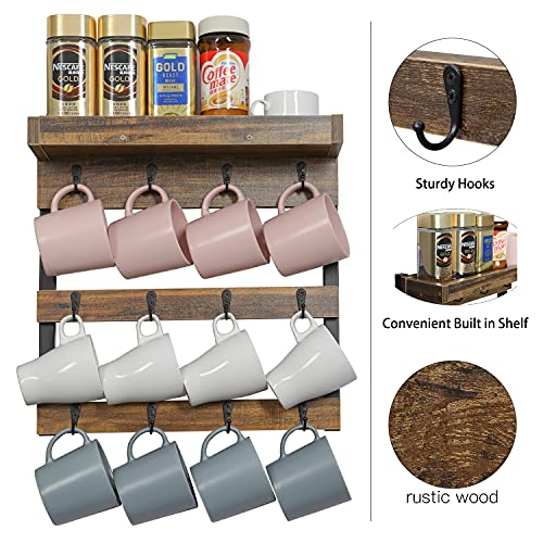 OROPY Coffee Mug Rack Wall Mounted, Rustic Wood Cups Rack with 12 Hooks and Storage Shelf, for Home Kitchen Display and Collection (Rustic Brown)