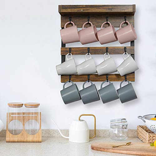 OROPY Coffee Mug Rack Wall Mounted, Rustic Wood Cups Rack with 12 Hooks and Storage Shelf, for Home Kitchen Display and Collection (Rustic Brown)