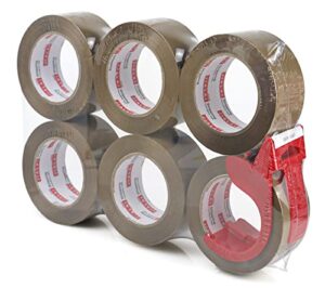 jialai home heavy duty brown packing tape 6 rolls with dispenser, 2.4 mil, 1.88 inch x 110 yards, ultra strong, refill for industrial shipping box packaging tape for moving, office, & storage